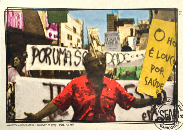 Imagem do cartão da primeira manifestação pública contra os manicômios no Brasil